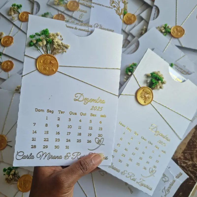 Convite de Casamento Calendarizado Branco Dourado 2