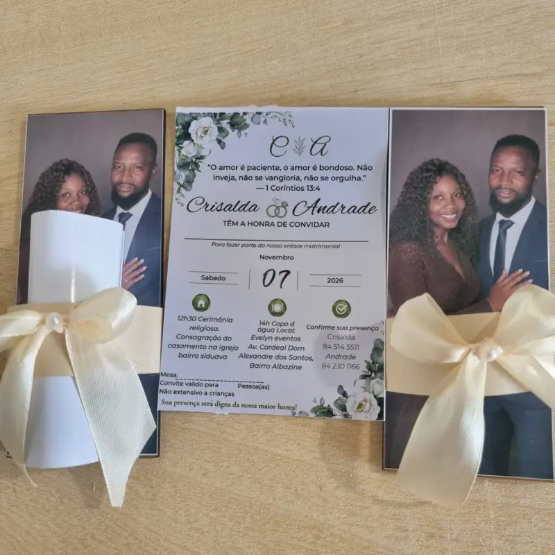 Convite de Casamento com Encarte Fotográfico e Amarração em Cetim 1