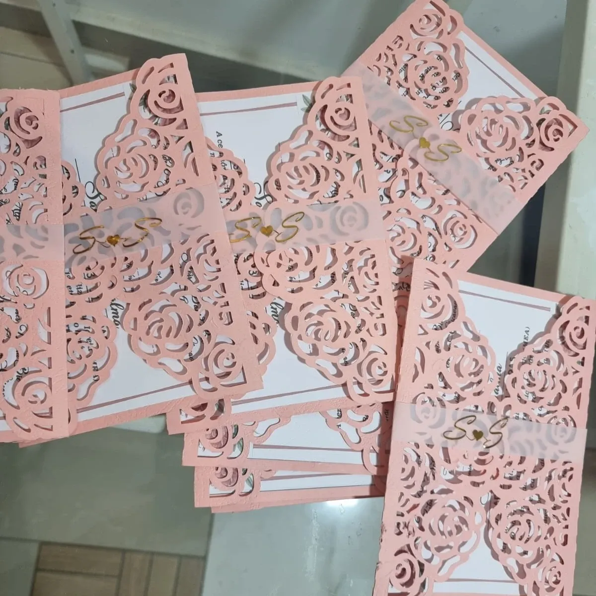 Convite de Casamento com Cortes Rendado Rosé