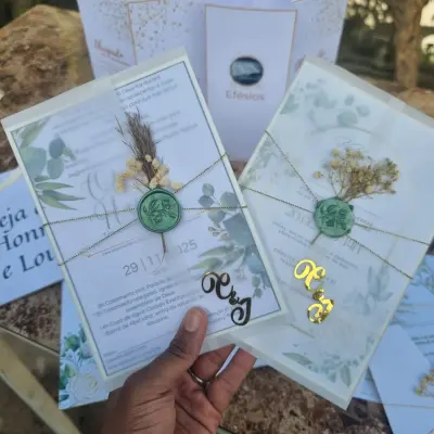 Convite de Casamento Botânico com Lacre Verde Sage 1