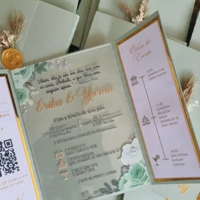 Convite de Casamento Verde Sage com Acrílico Translúcida 3