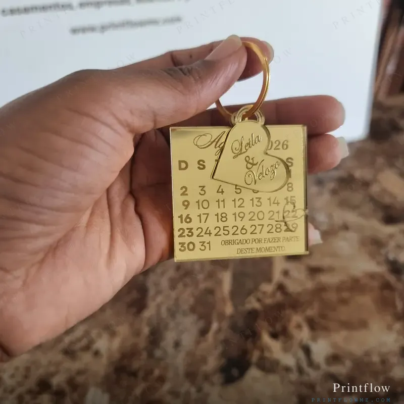 Chaveiro Calendário Personalizado em Acrílico Espelhado Dourado 3